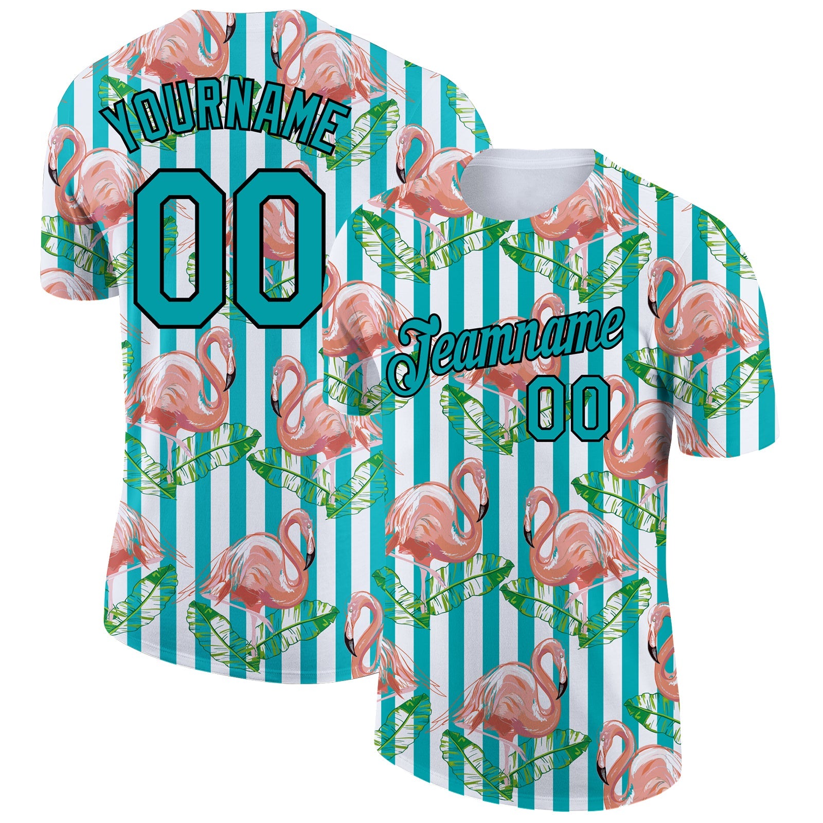 Custom White Teal-Black 3D Pattern Design Tropical Hawaii Flamingo Performance T-Shirt - Main View