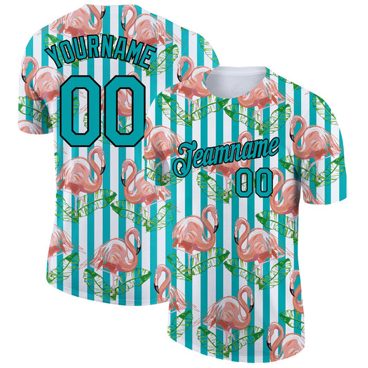 Custom White Teal-Black 3D Pattern Design Tropical Hawaii Flamingo Performance T-Shirt - Main View