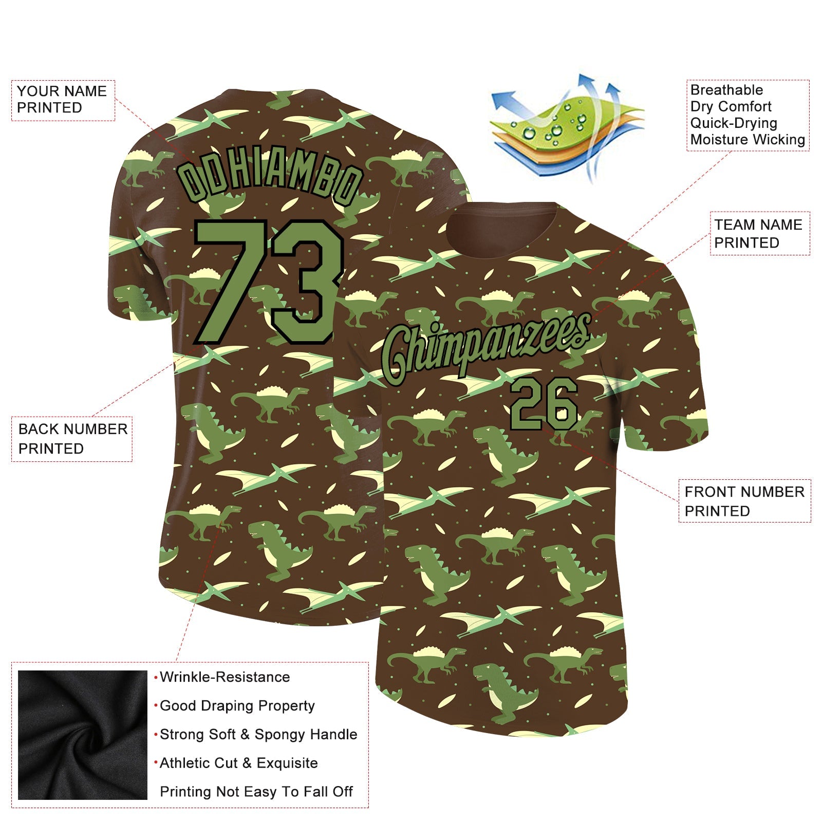Custom Olive Neon Green-Black 3D Pattern Design Dinosaur Performance T-Shirt view 2