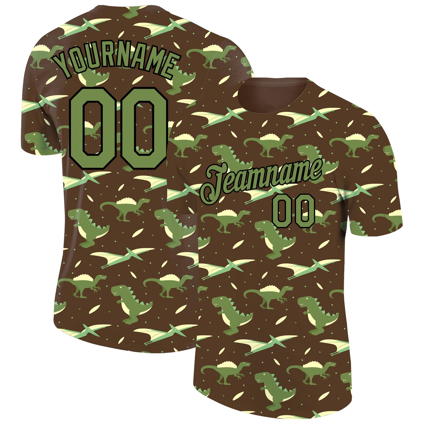 Custom Olive Neon Green-Black 3D Pattern Design Dinosaur Performance T-Shirt - Main View