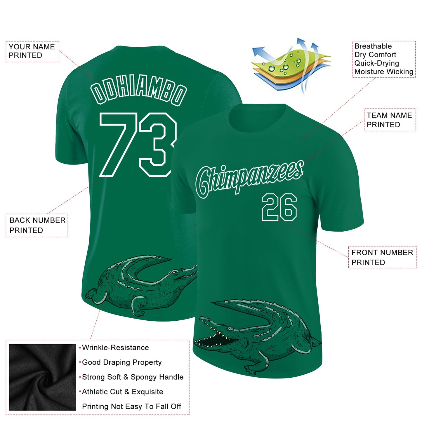 Custom Kelly Green White 3D Pattern Design Crocodile Performance T-Shirt view 2