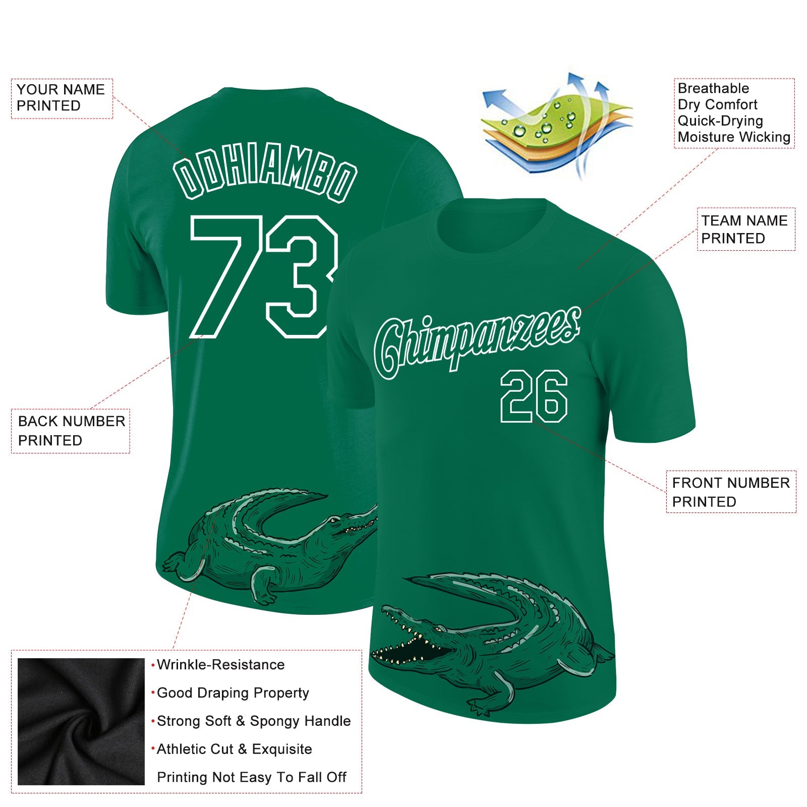 Custom Kelly Green White 3D Pattern Design Crocodile Performance T-Shirt view 2