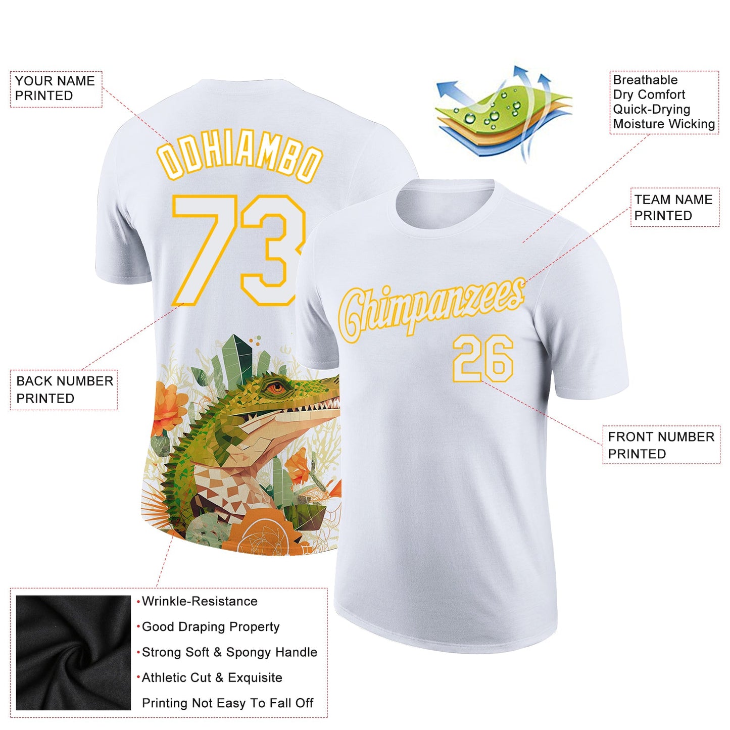 Custom White Gold 3D Pattern Design Crocodile Performance T-Shirt view 2