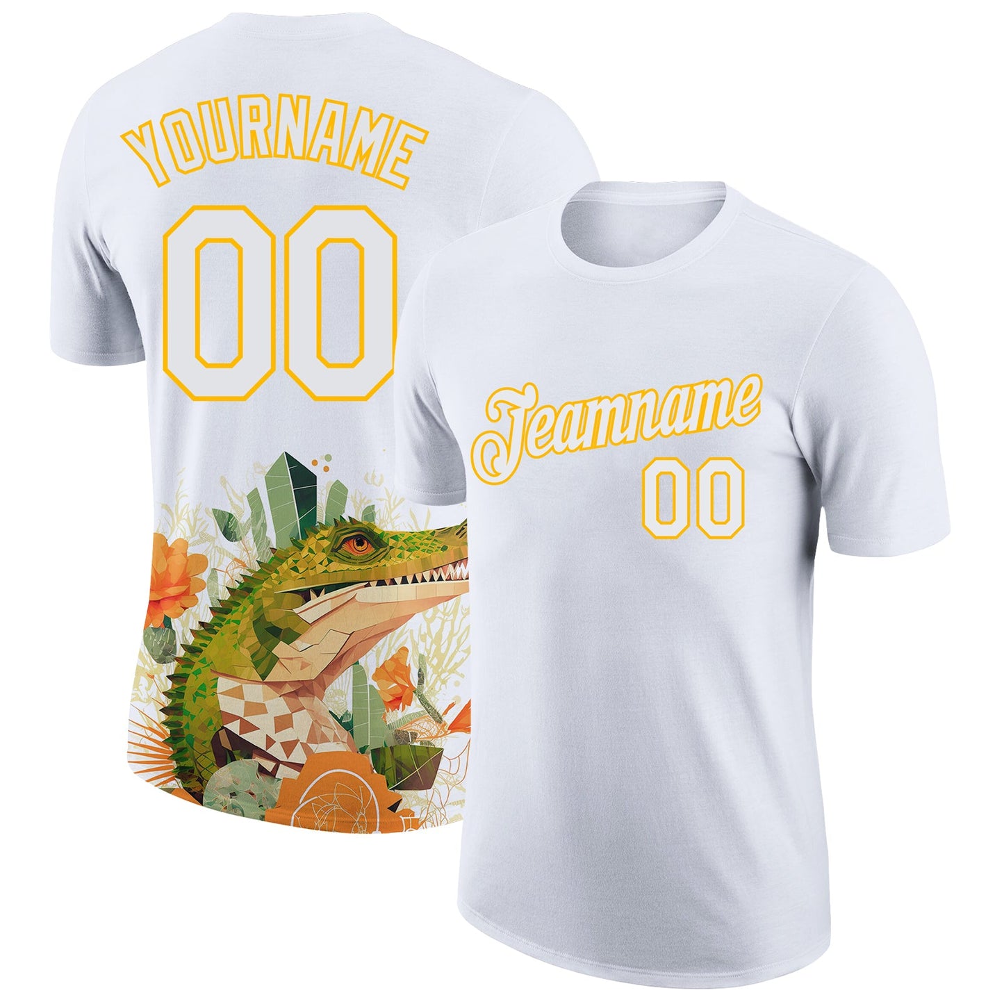Custom White Gold 3D Pattern Design Crocodile Performance T-Shirt - Main View