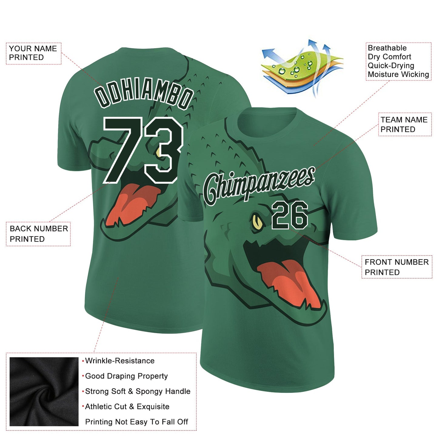 Custom Kelly Green Green-White 3D Pattern Design Crocodile Performance T-Shirt view 2