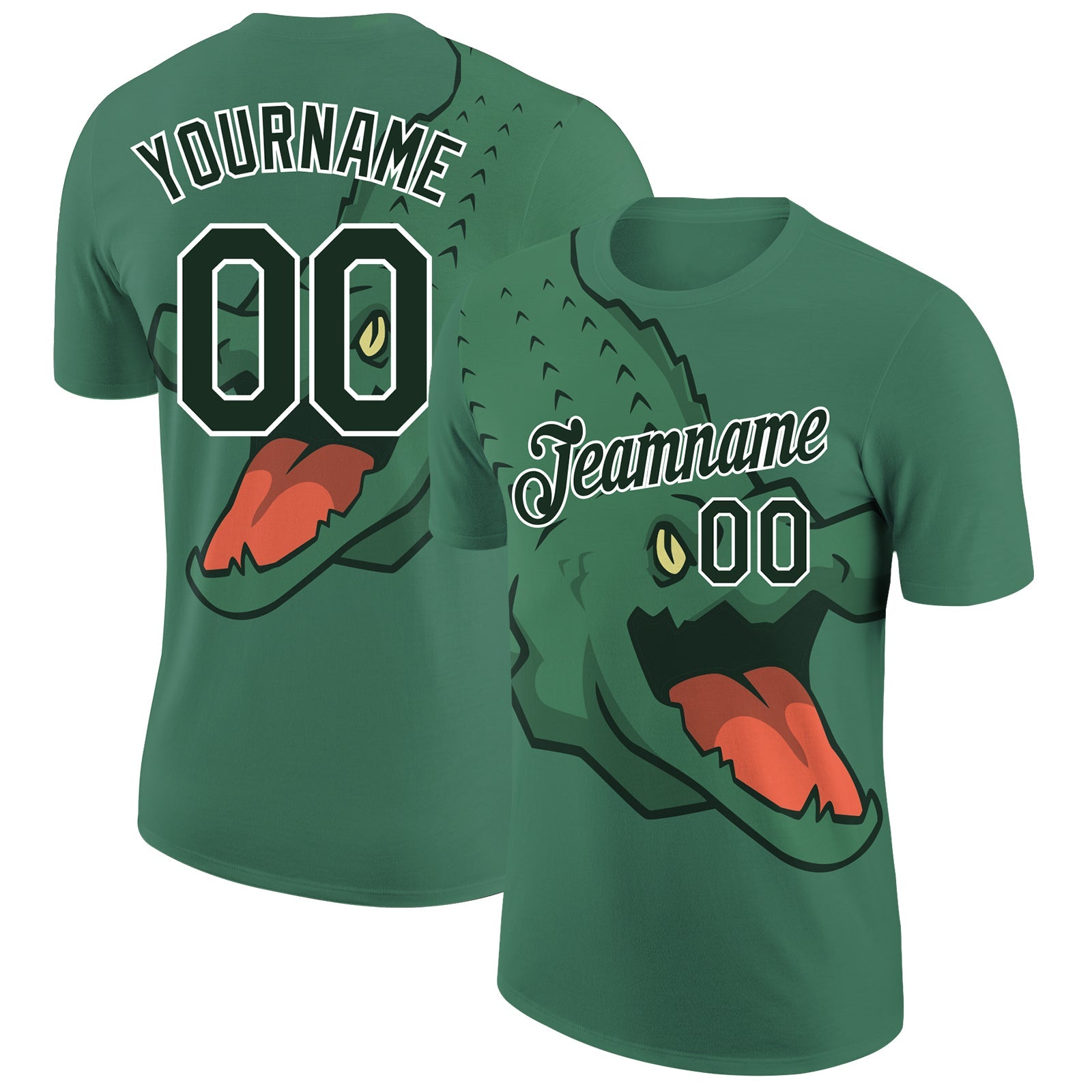 Custom Kelly Green Green-White 3D Pattern Design Crocodile Performance T-Shirt - Main View