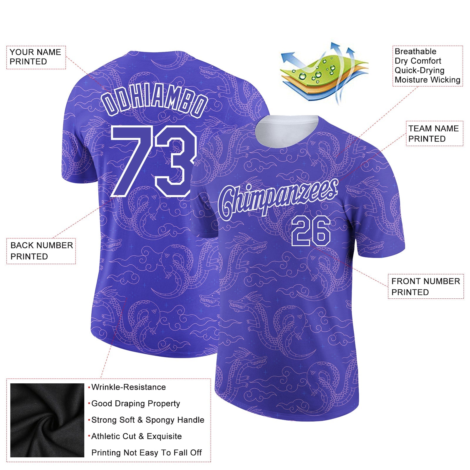 Custom Dark Purple White 3D Pattern Design Dragon Performance T-Shirt view 2