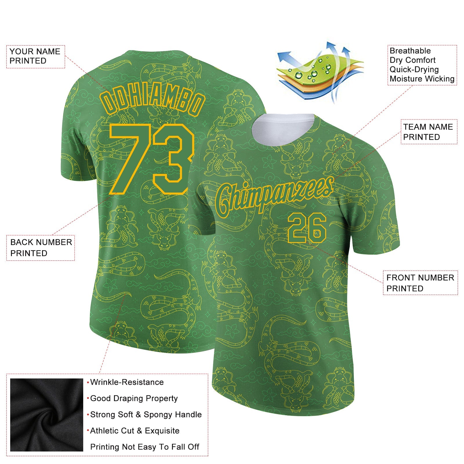 Custom Kelly Green Gold 3D Pattern Design Dragon Performance T-Shirt view 2