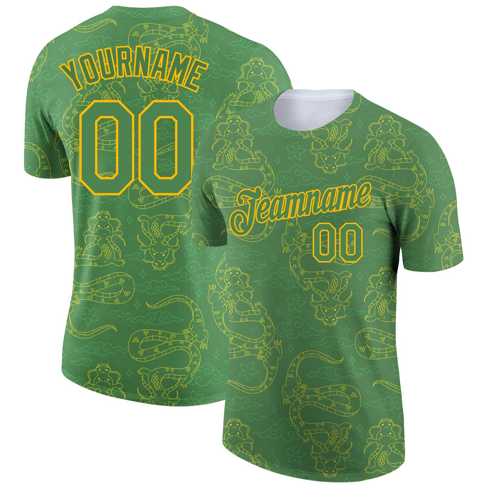 Custom Kelly Green Gold 3D Pattern Design Dragon Performance T-Shirt - Main View