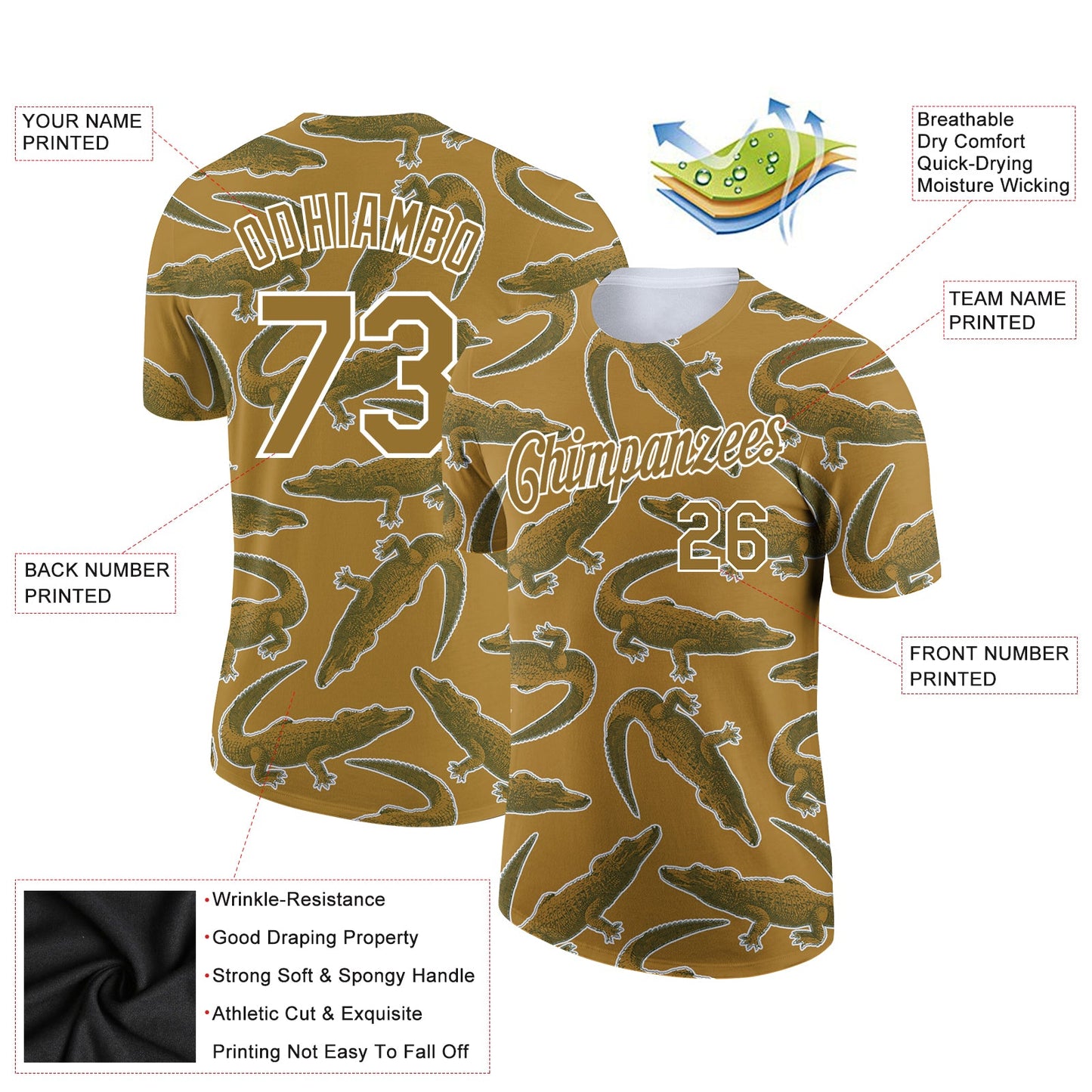 Custom Old Gold White 3D Pattern Design Crocodile Performance T-Shirt view 2