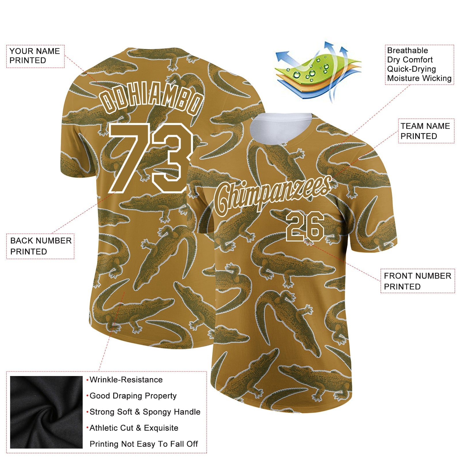 Custom Old Gold White 3D Pattern Design Crocodile Performance T-Shirt view 2