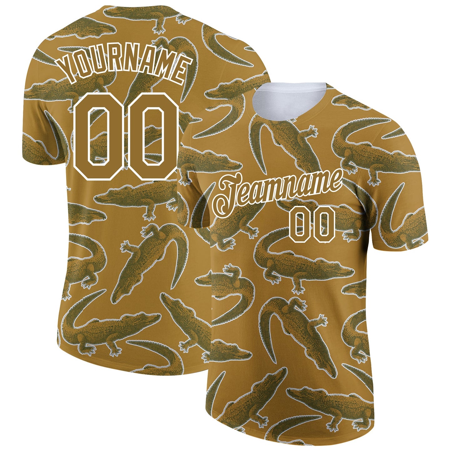 Custom Old Gold White 3D Pattern Design Crocodile Performance T-Shirt - Main View