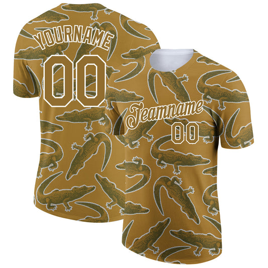 Custom Old Gold White 3D Pattern Design Crocodile Performance T-Shirt - Main View