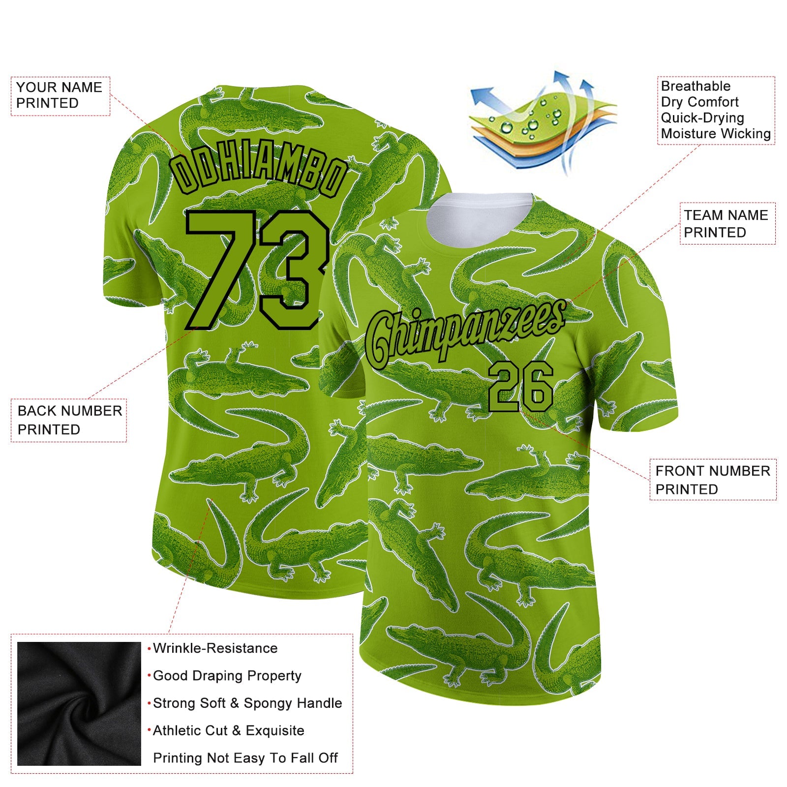 Custom Neon Green Black 3D Pattern Design Crocodile Performance T-Shirt view 2