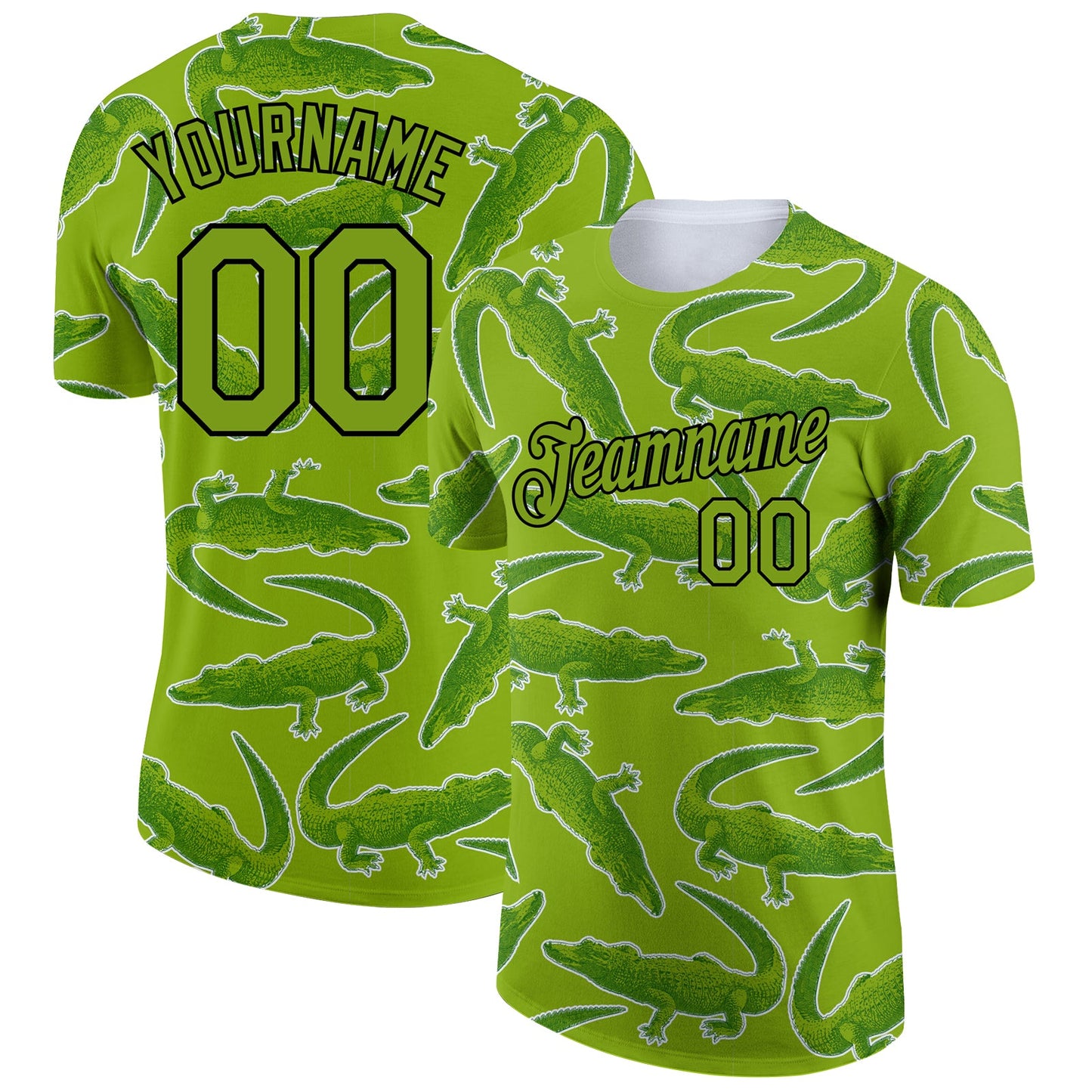 Custom Neon Green Black 3D Pattern Design Crocodile Performance T-Shirt - Main View