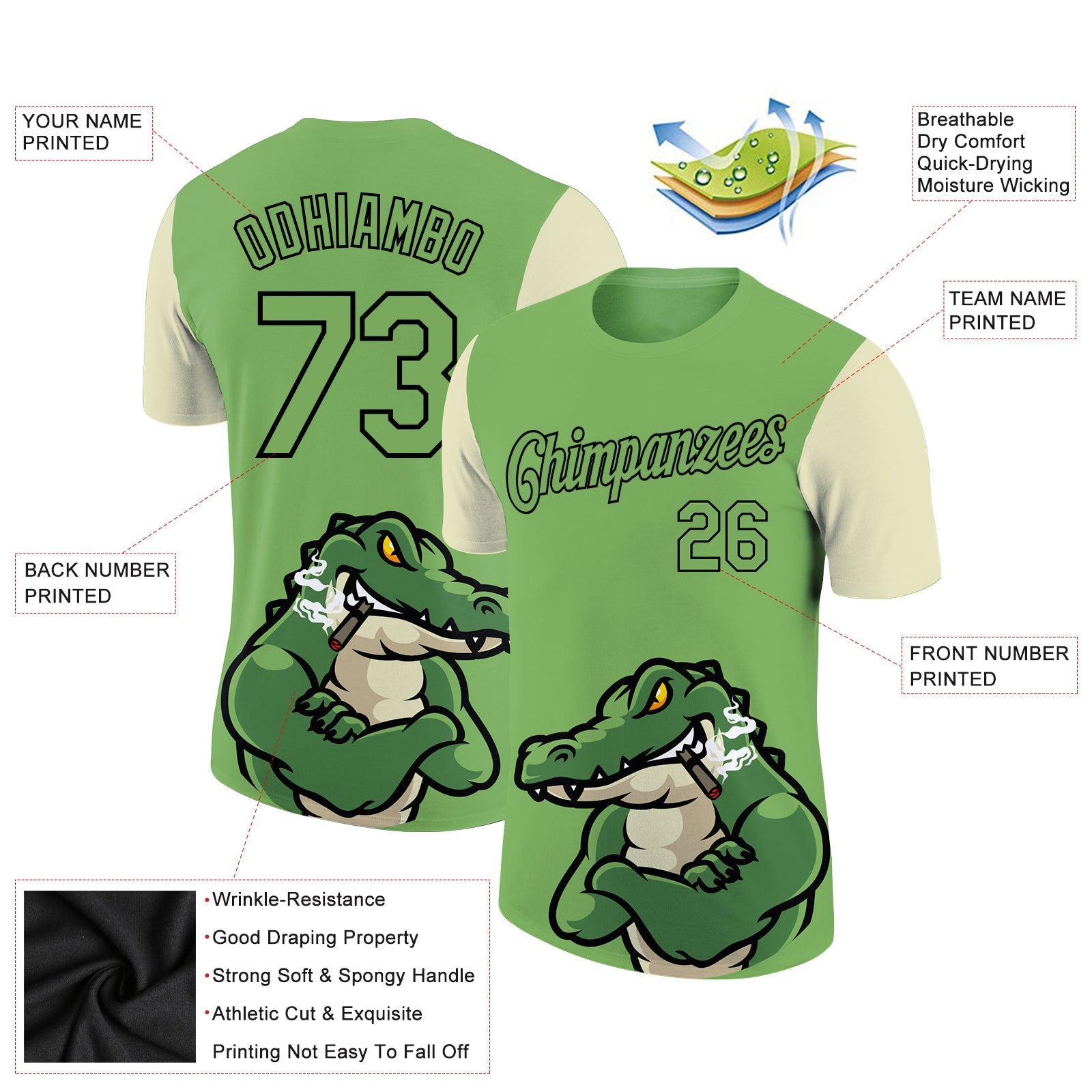 Custom Aurora Green Black-Cream 3D Pattern Design Crocodile Performance T-Shirt view 2