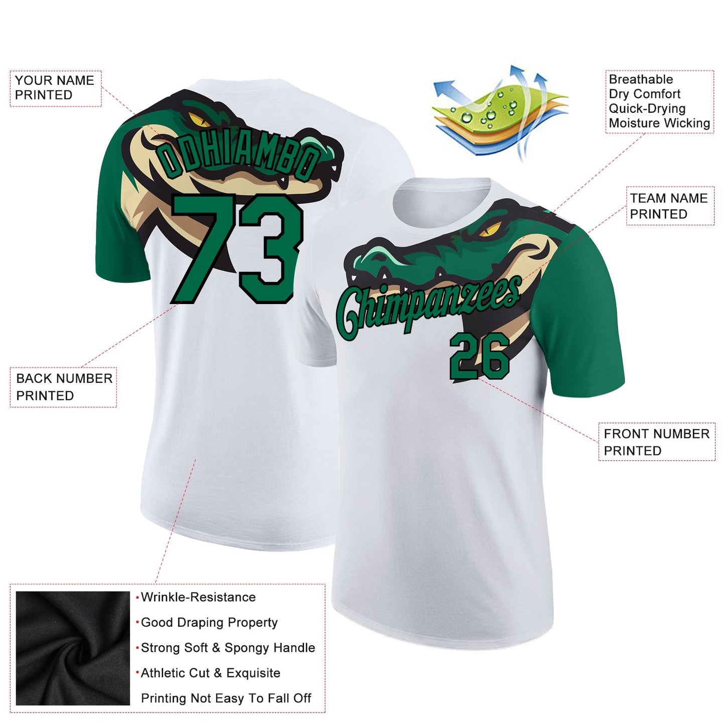 Custom White Kelly Green-Black 3D Pattern Design Crocodile Performance T-Shirt view 2