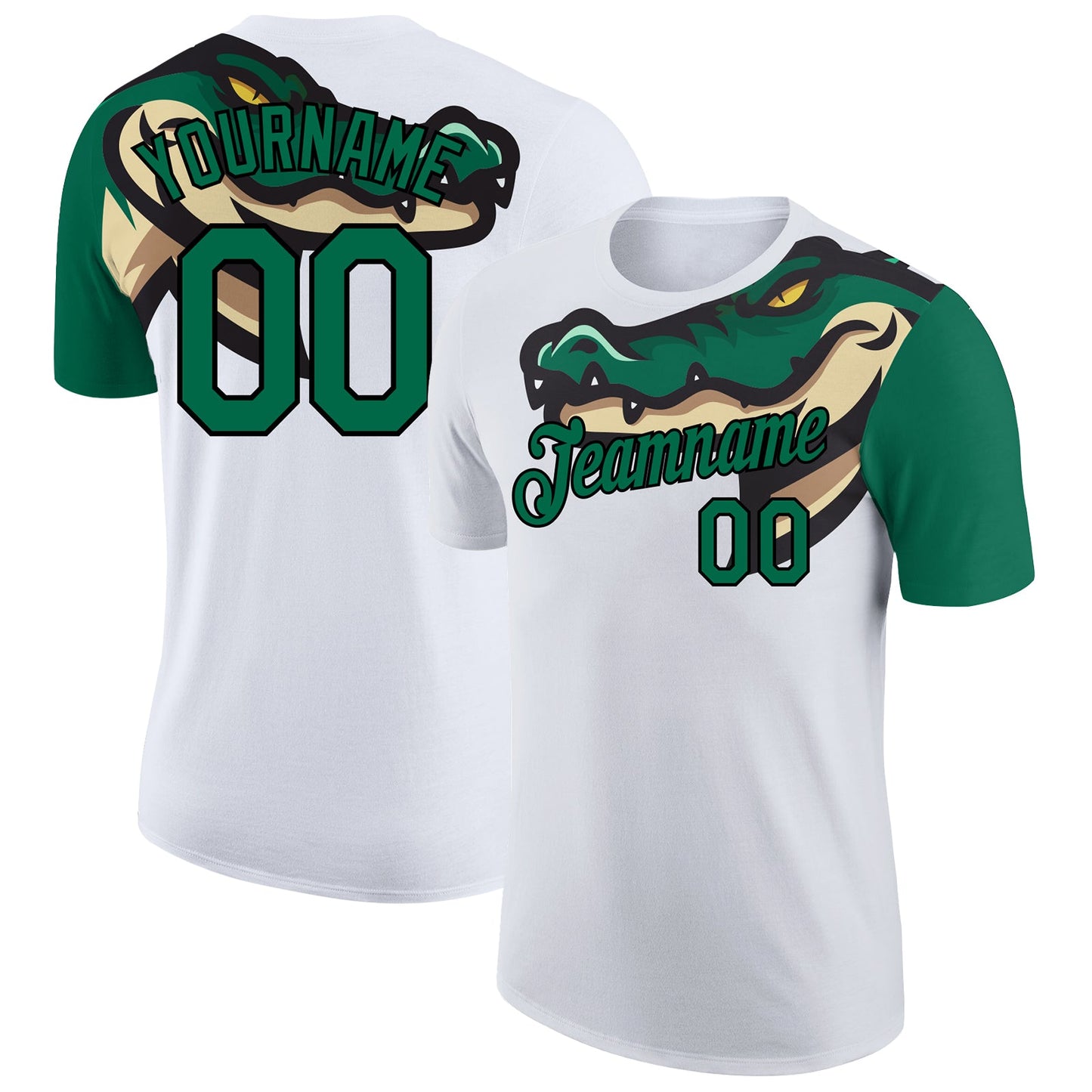 Custom White Kelly Green-Black 3D Pattern Design Crocodile Performance T-Shirt - Main View