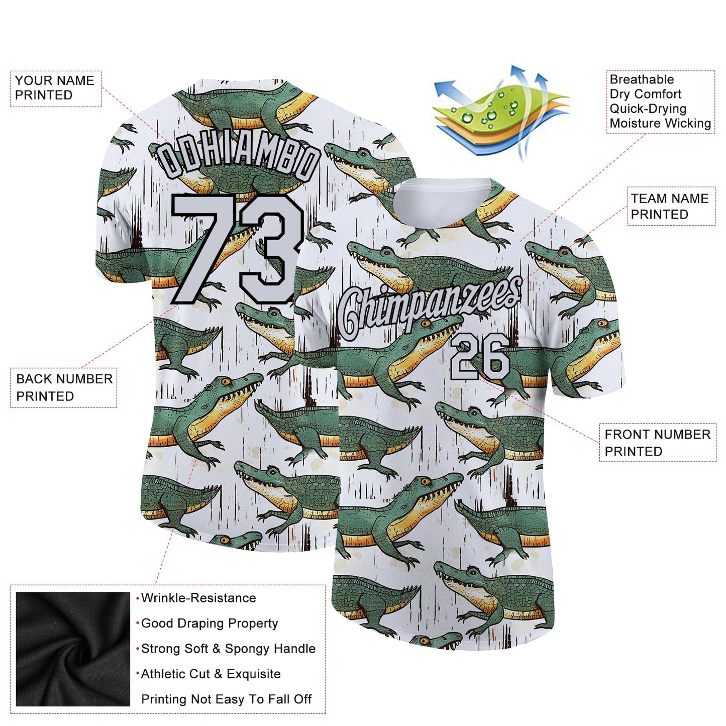 Custom White Black 3D Pattern Design Crocodile Performance T-Shirt view 2