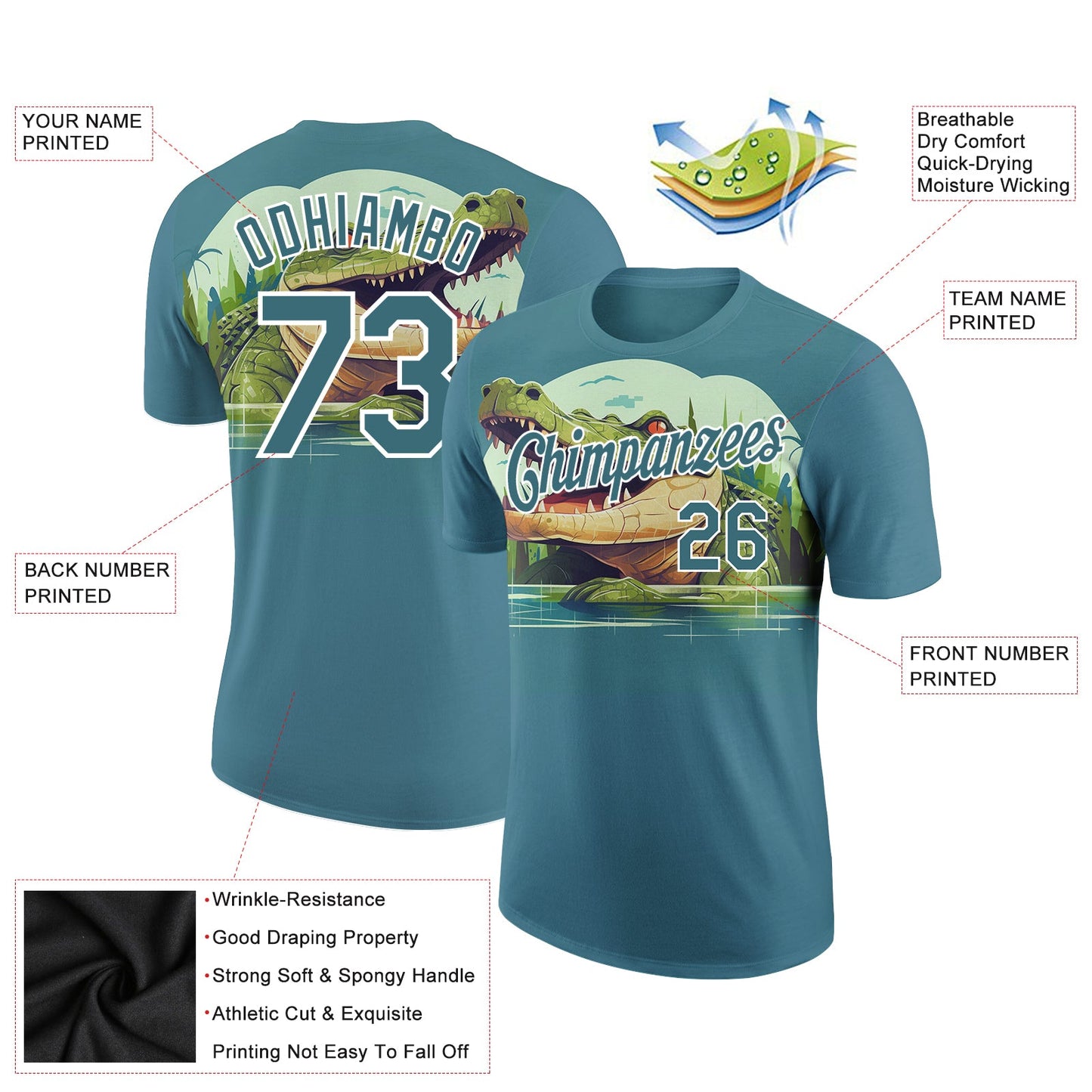 Custom Panther Blue White 3D Pattern Design Crocodile Performance T-Shirt view 2
