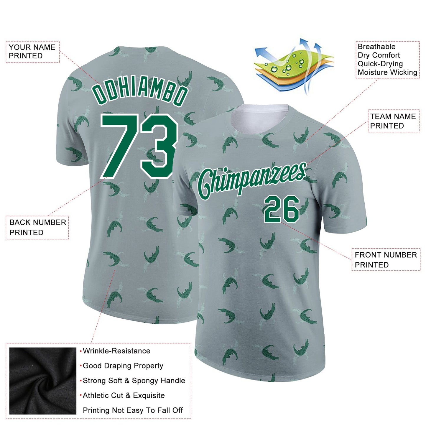 Custom Gray Kelly Green-White 3D Pattern Design Crocodile Performance T-Shirt view 2
