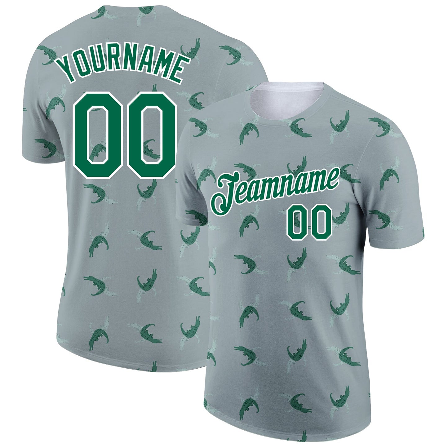 Custom Gray Kelly Green-White 3D Pattern Design Crocodile Performance T-Shirt - Main View