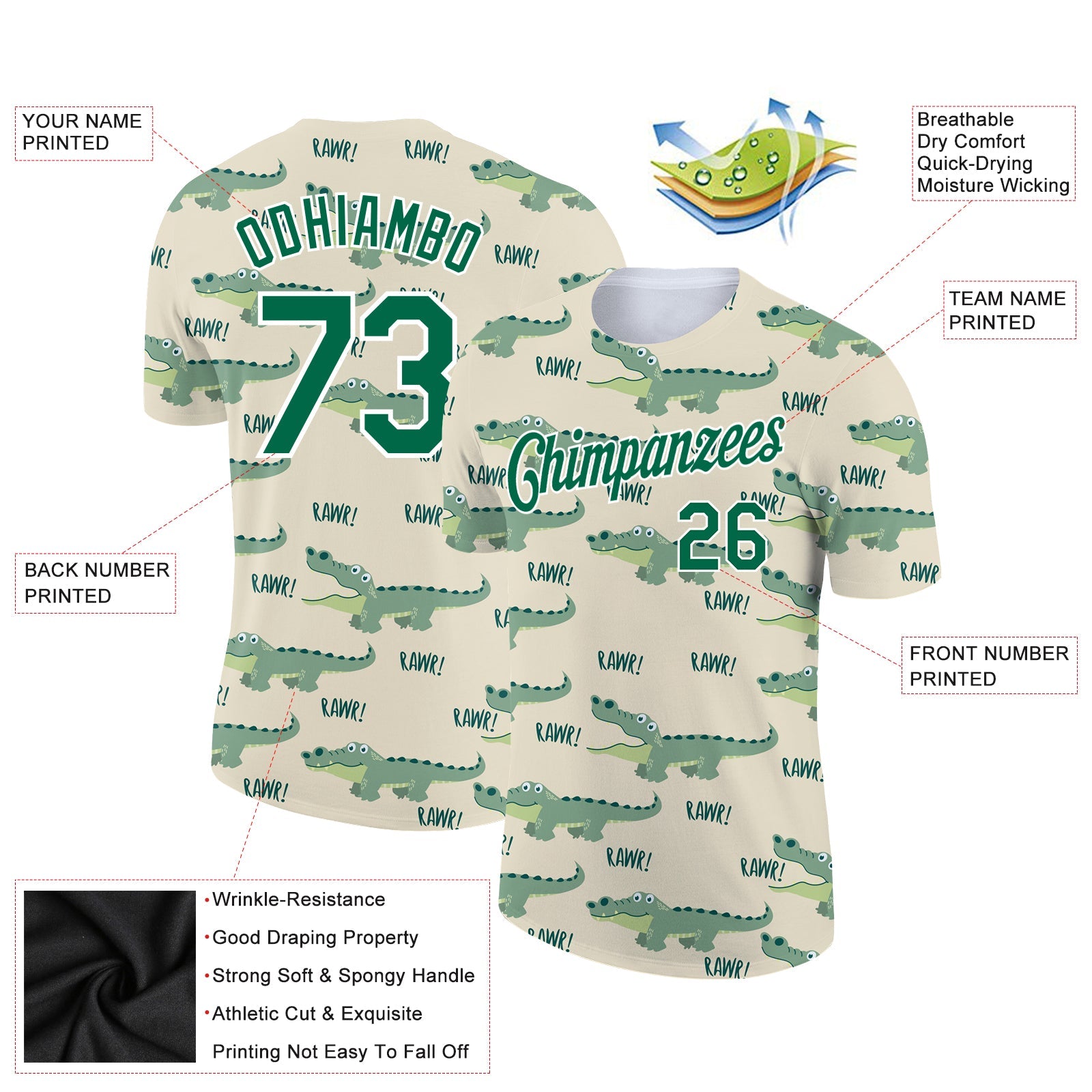 Custom Cream Kelly Green-White 3D Pattern Design Crocodile Performance T-Shirt view 2