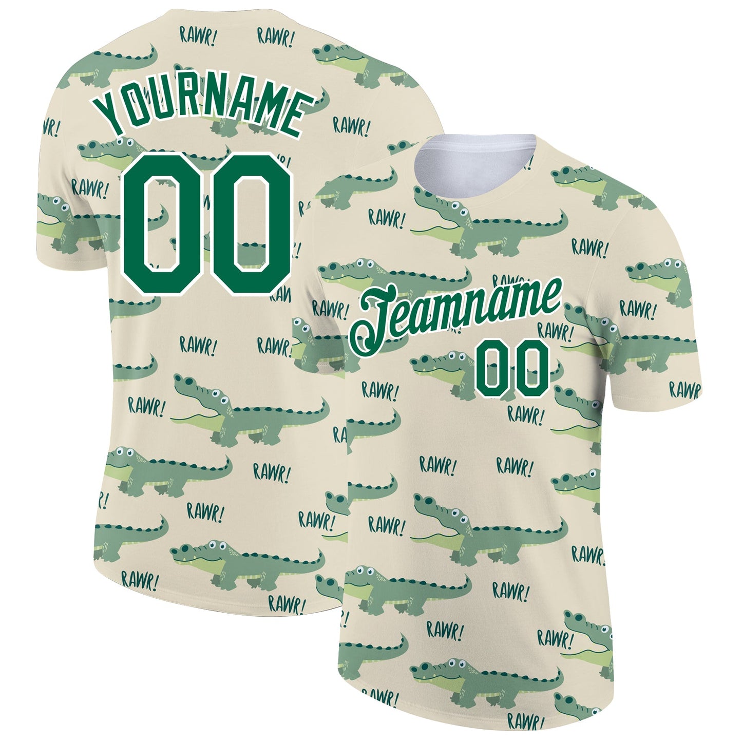 Custom Cream Kelly Green-White 3D Pattern Design Crocodile Performance T-Shirt - Main View