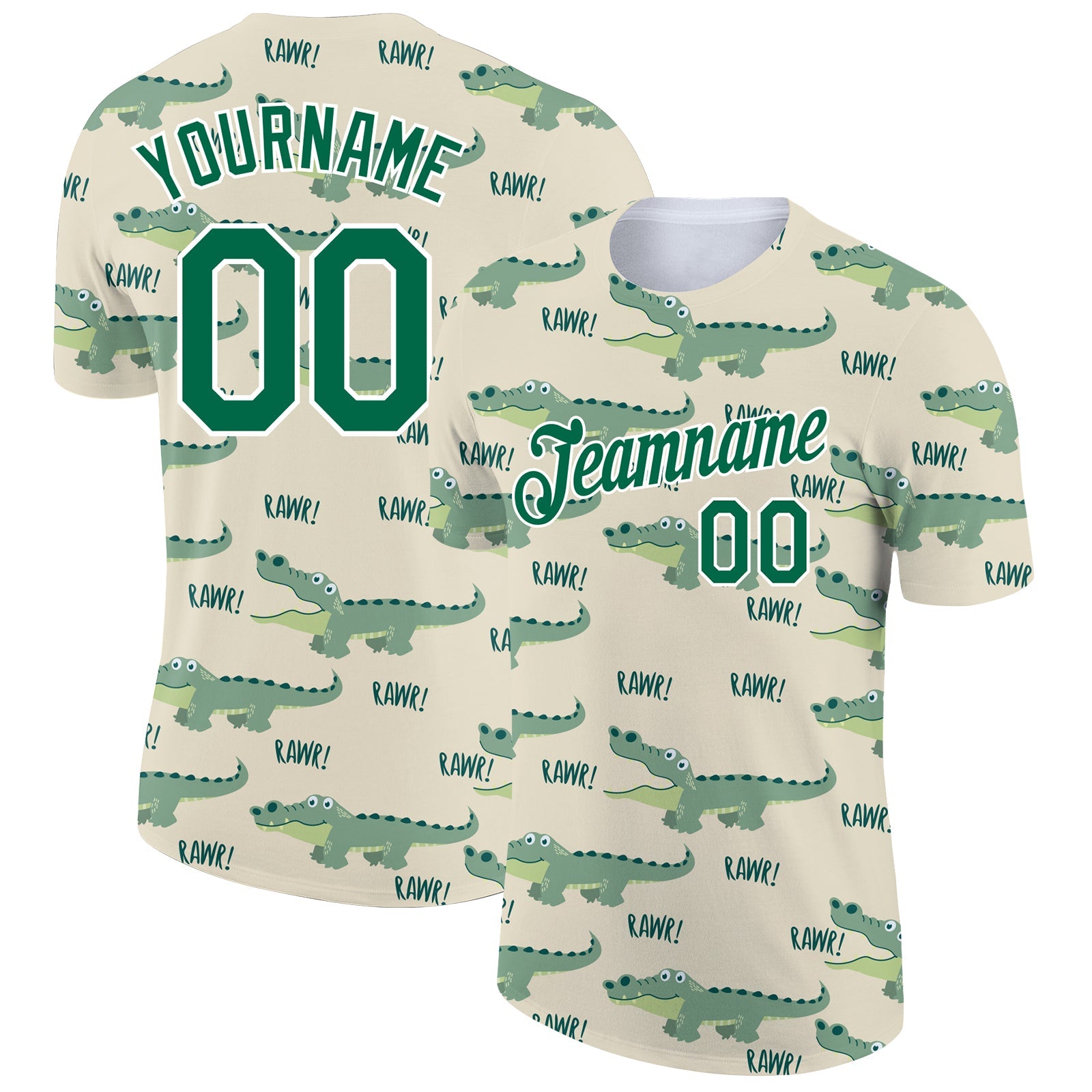 Custom Cream Kelly Green-White 3D Pattern Design Crocodile Performance T-Shirt - Main View