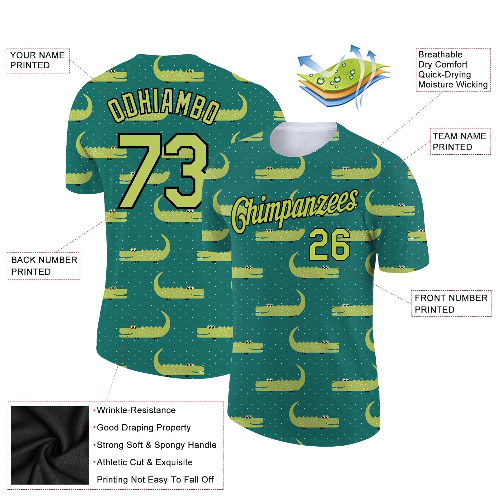 Custom Green Aurora Green-Black 3D Pattern Design Crocodile Performance T-Shirt view 2