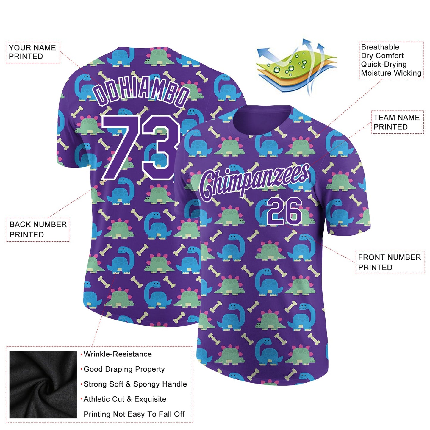 Custom Purple White 3D Pattern Design Dinosaur Performance T-Shirt view 2