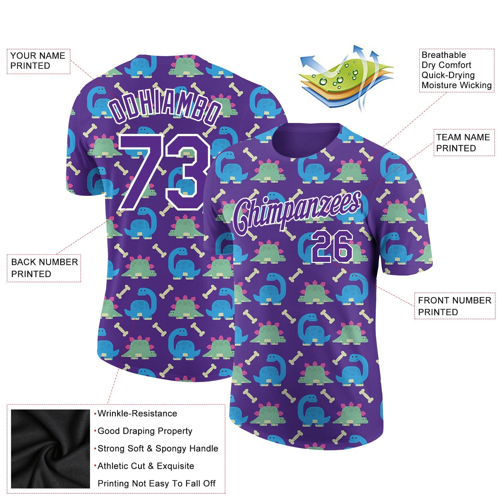 Custom Purple White 3D Pattern Design Dinosaur Performance T-Shirt view 2