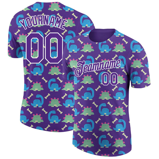 Custom Purple White 3D Pattern Design Dinosaur Performance T-Shirt - Main View