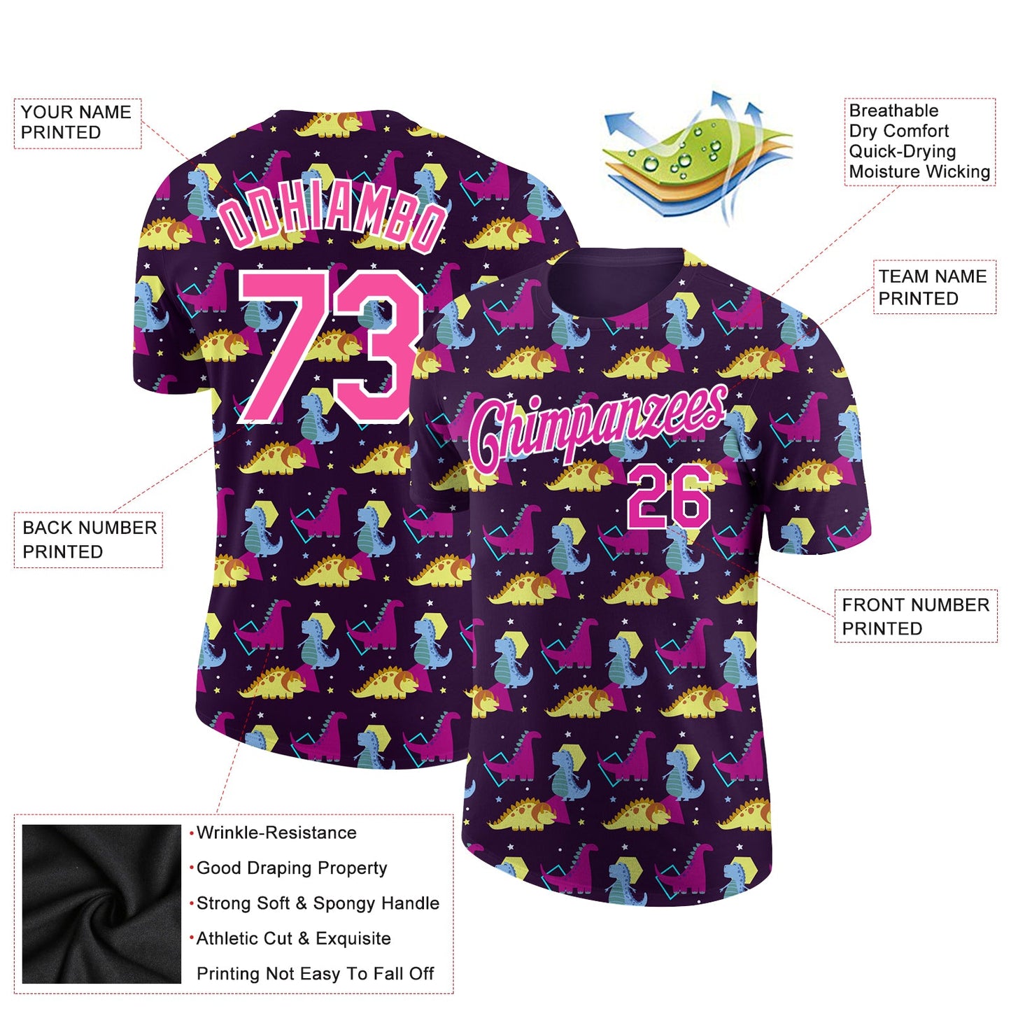 Custom Black Deep Pink-White 3D Pattern Design Dinosaur Performance T-Shirt view 2