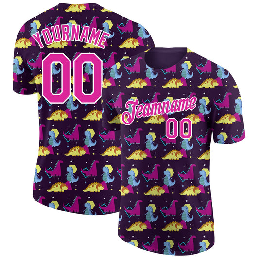 Custom Black Deep Pink-White 3D Pattern Design Dinosaur Performance T-Shirt - Main View
