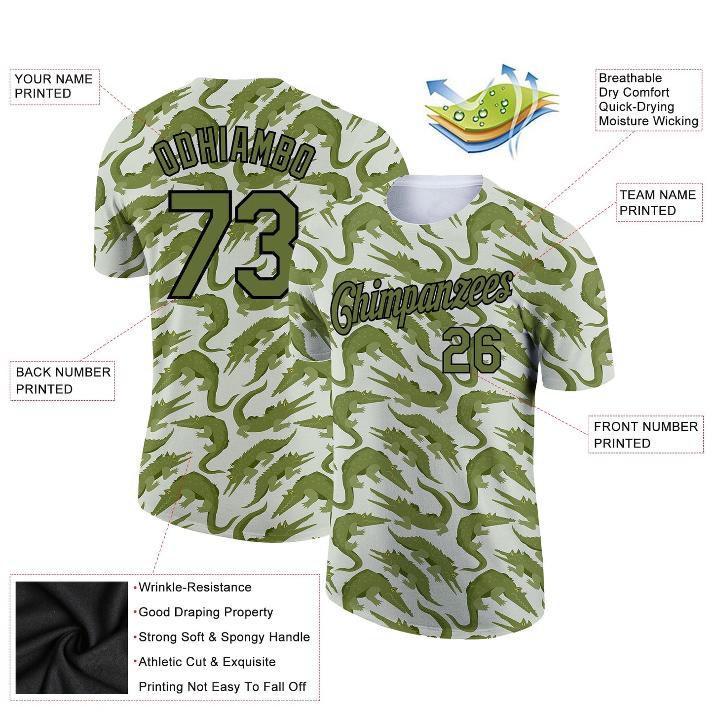 Custom Green Olive-Black 3D Pattern Design Crocodile Performance T-Shirt view 2