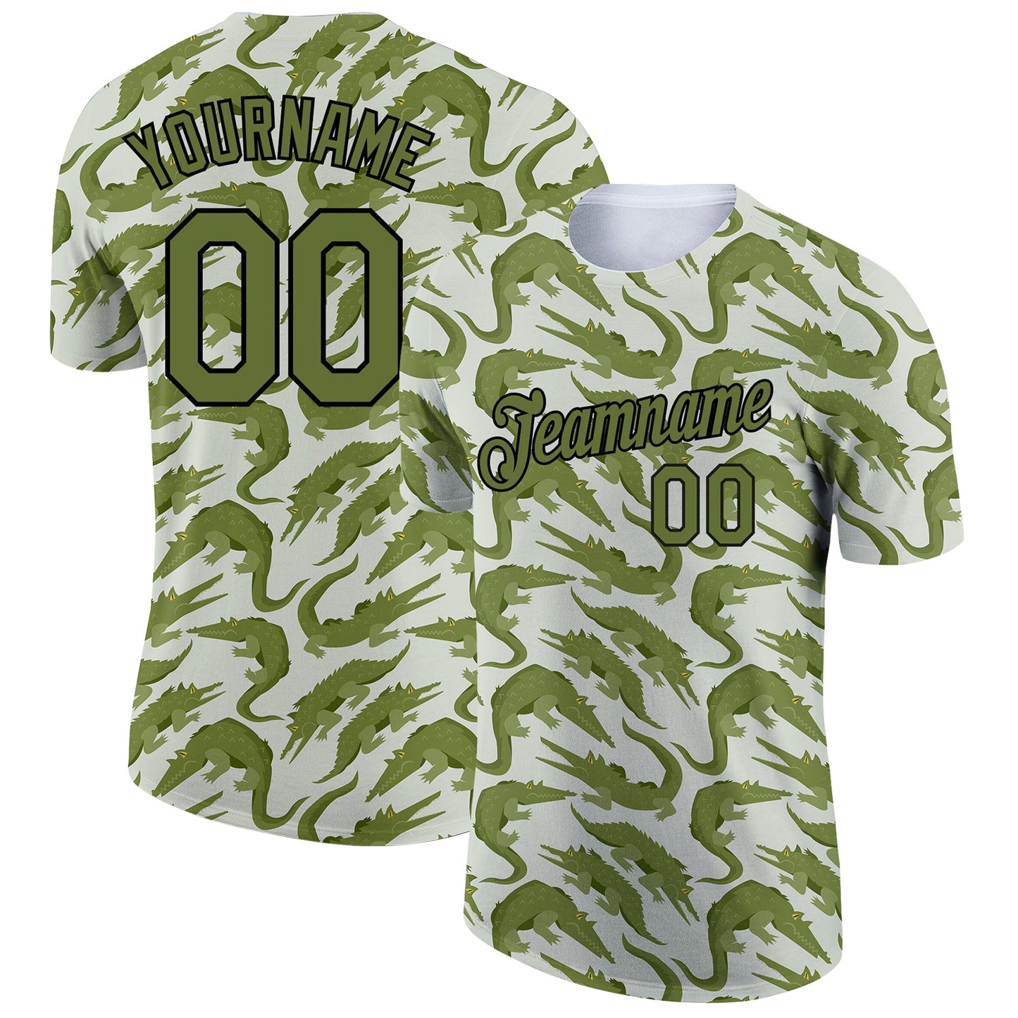 Custom Green Olive-Black 3D Pattern Design Crocodile Performance T-Shirt - Main View