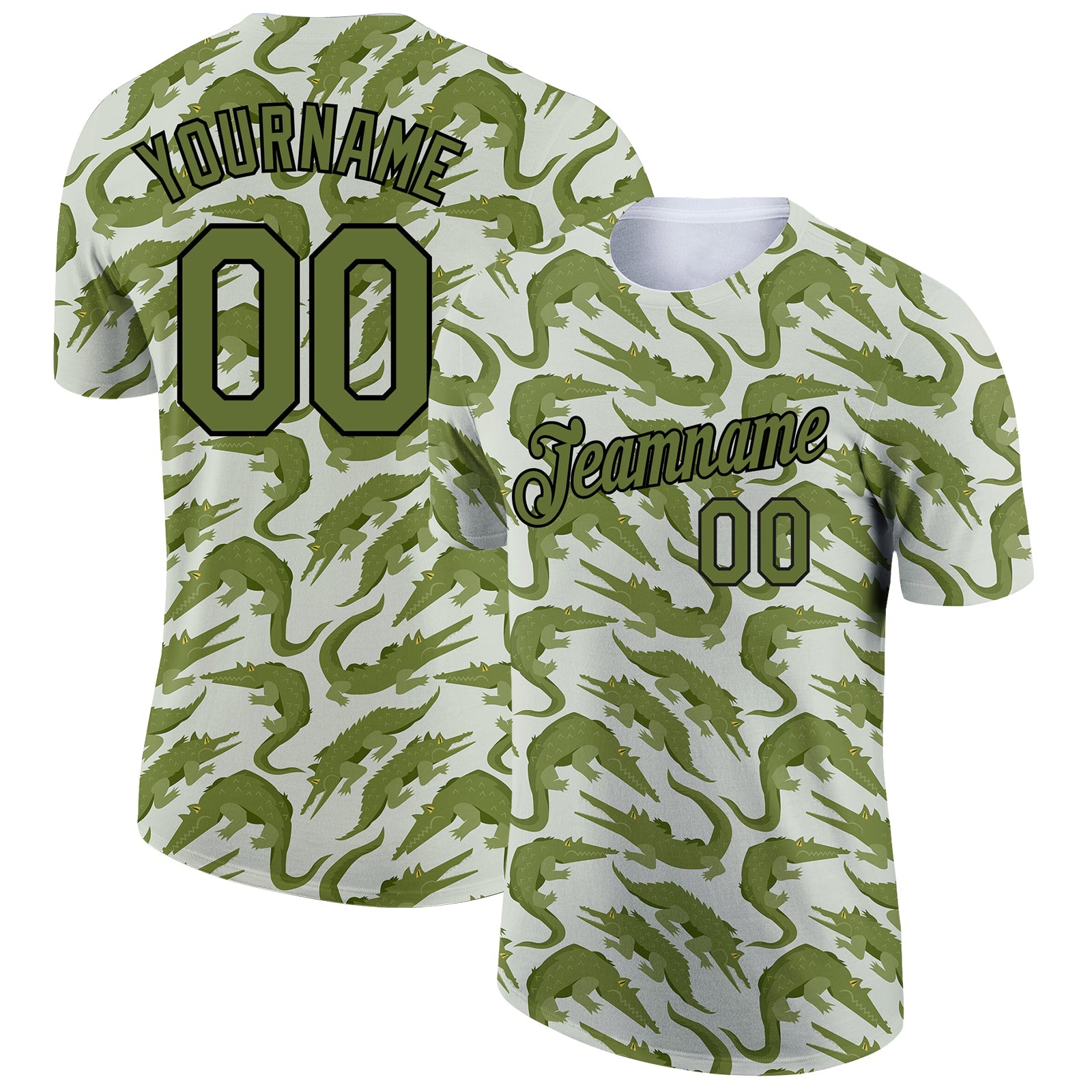 Custom Green Olive-Black 3D Pattern Design Crocodile Performance T-Shirt - Main View