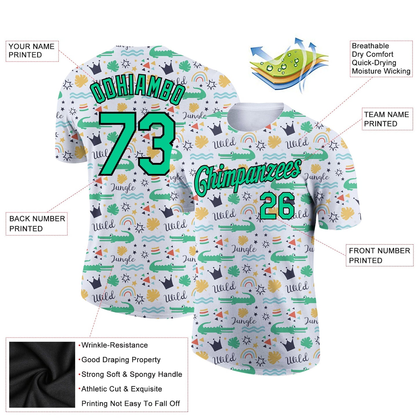 Custom White Kelly Green-Black 3D Pattern Design Crocodile Performance T-Shirt view 2