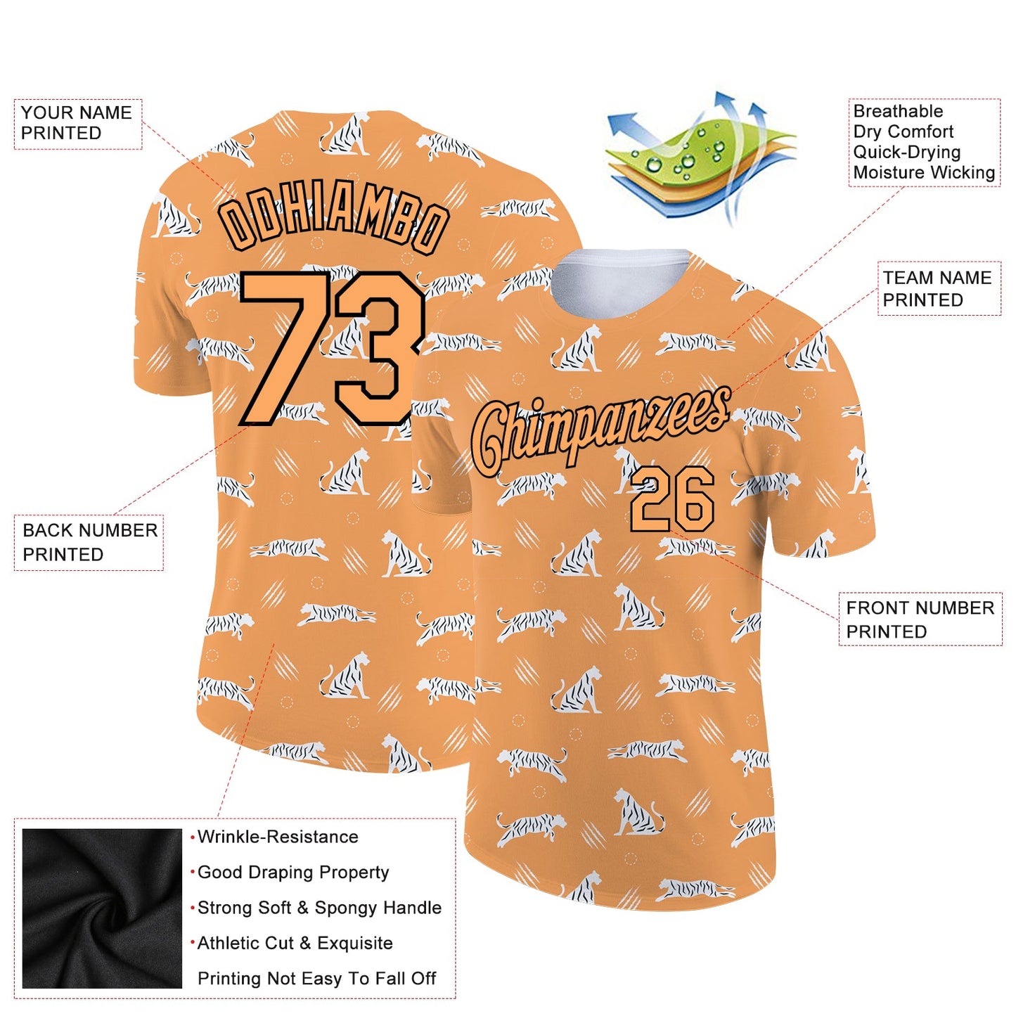 Custom Bay Orange Black 3D Pattern Design Tiger Performance T-Shirt view 2