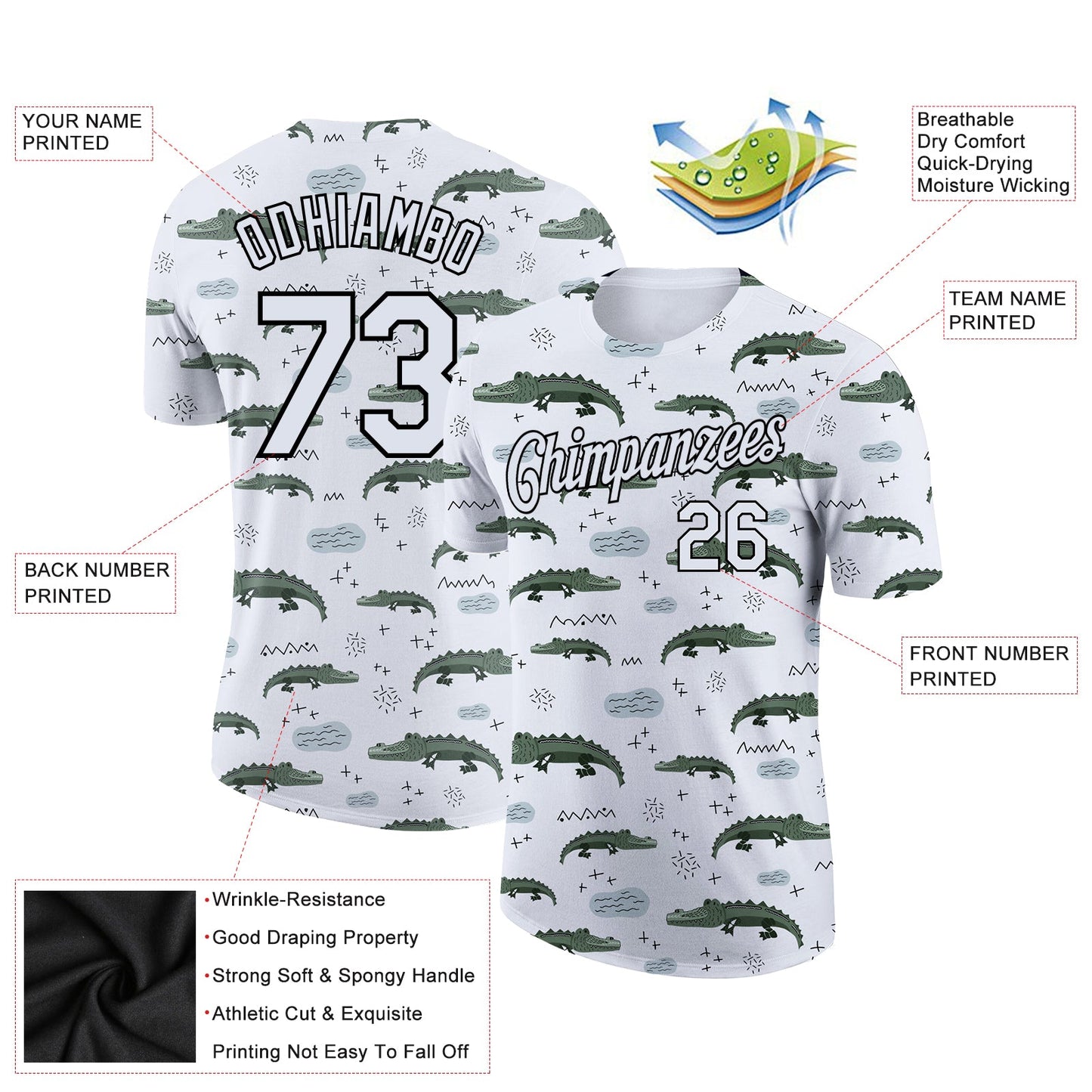 Custom White Black 3D Pattern Design Crocodile Performance T-Shirt view 2
