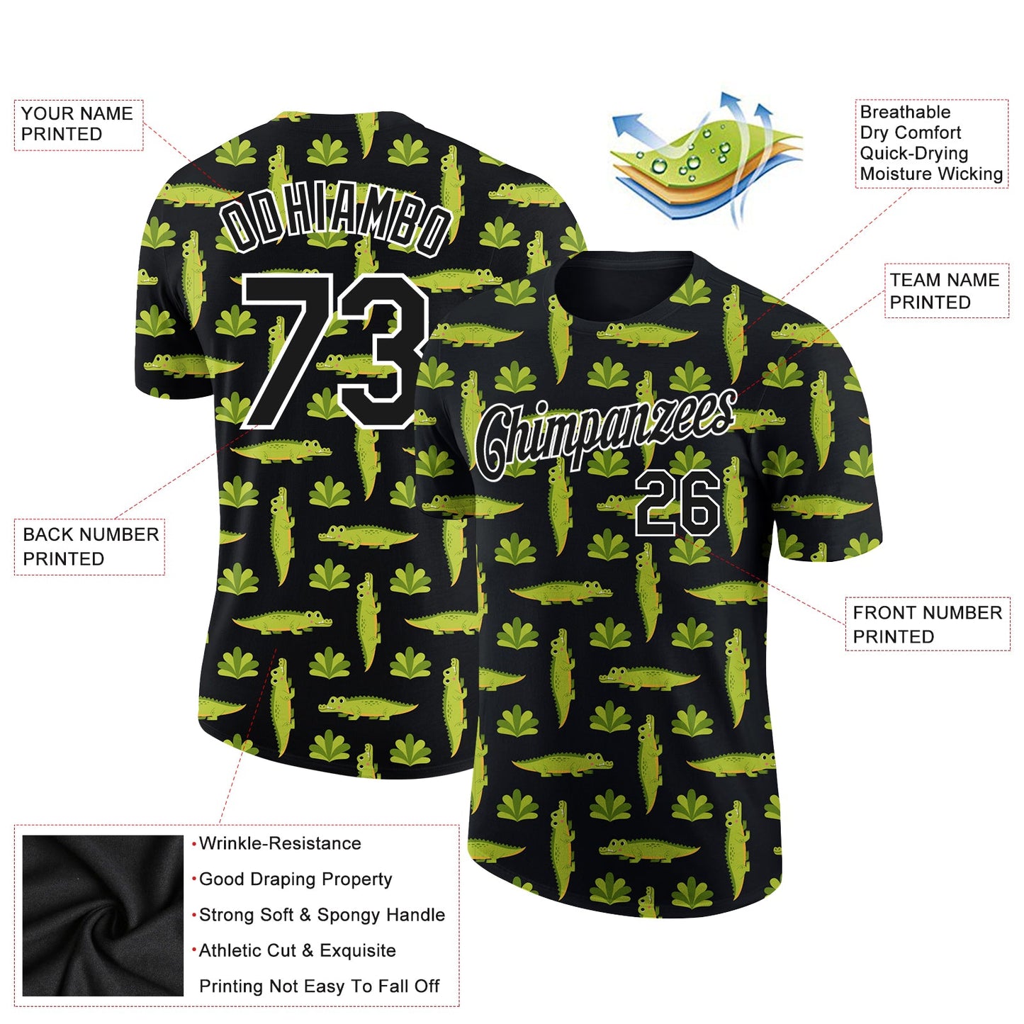 Custom Black White 3D Pattern Design Crocodile Performance T-Shirt view 2