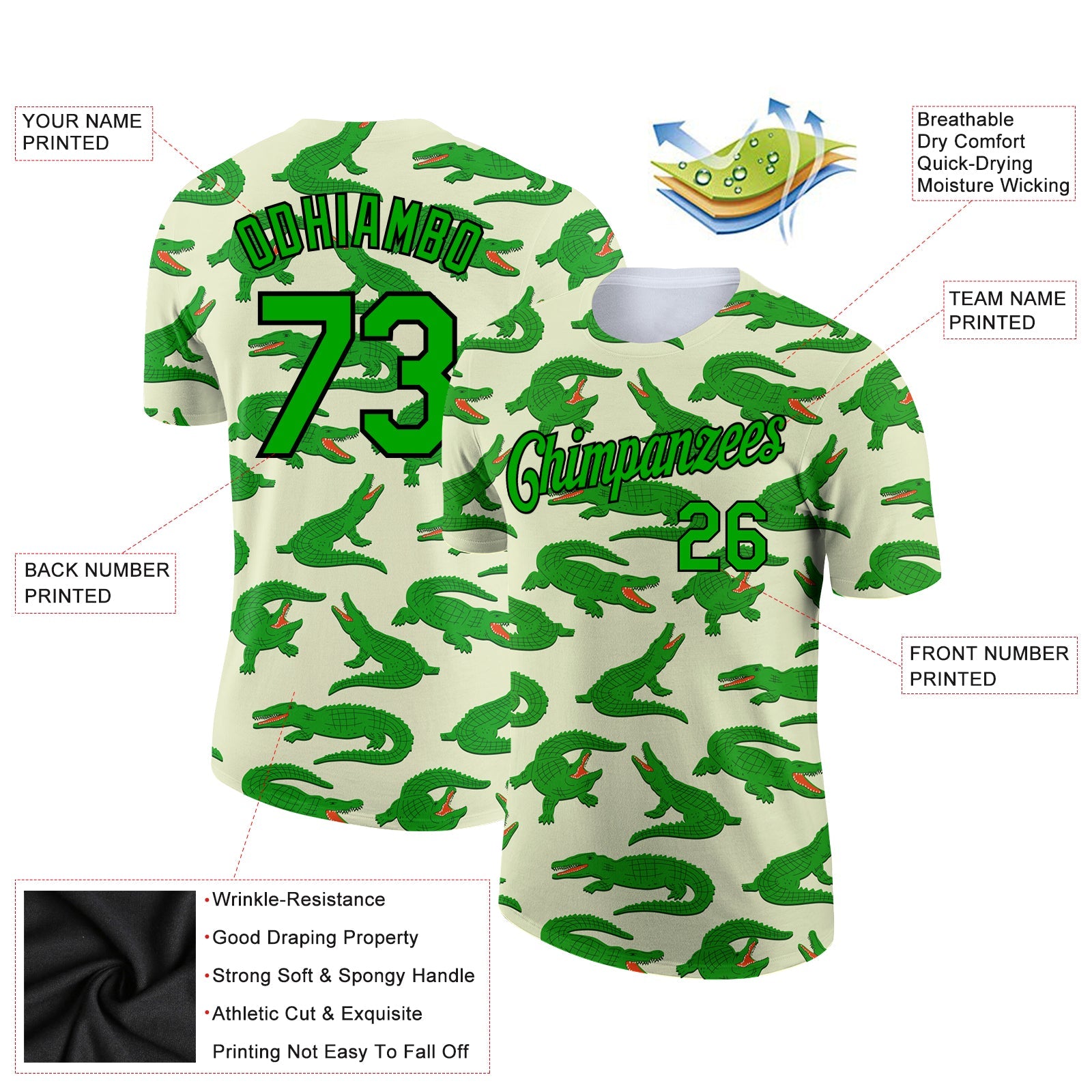 Custom Cream Aurora Green-Black 3D Pattern Design Crocodile Performance T-Shirt view 2