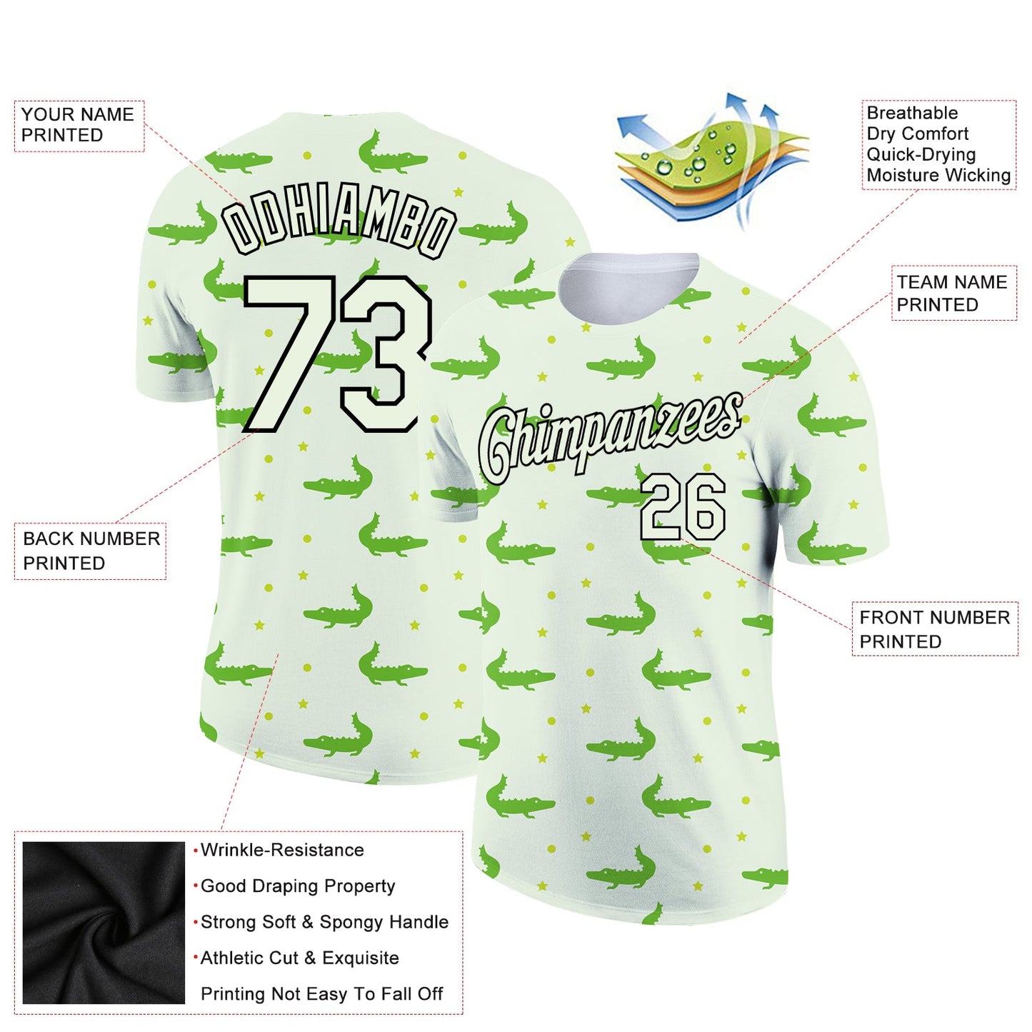 Custom Pea Green Black 3D Pattern Design Crocodile Performance T-Shirt view 2