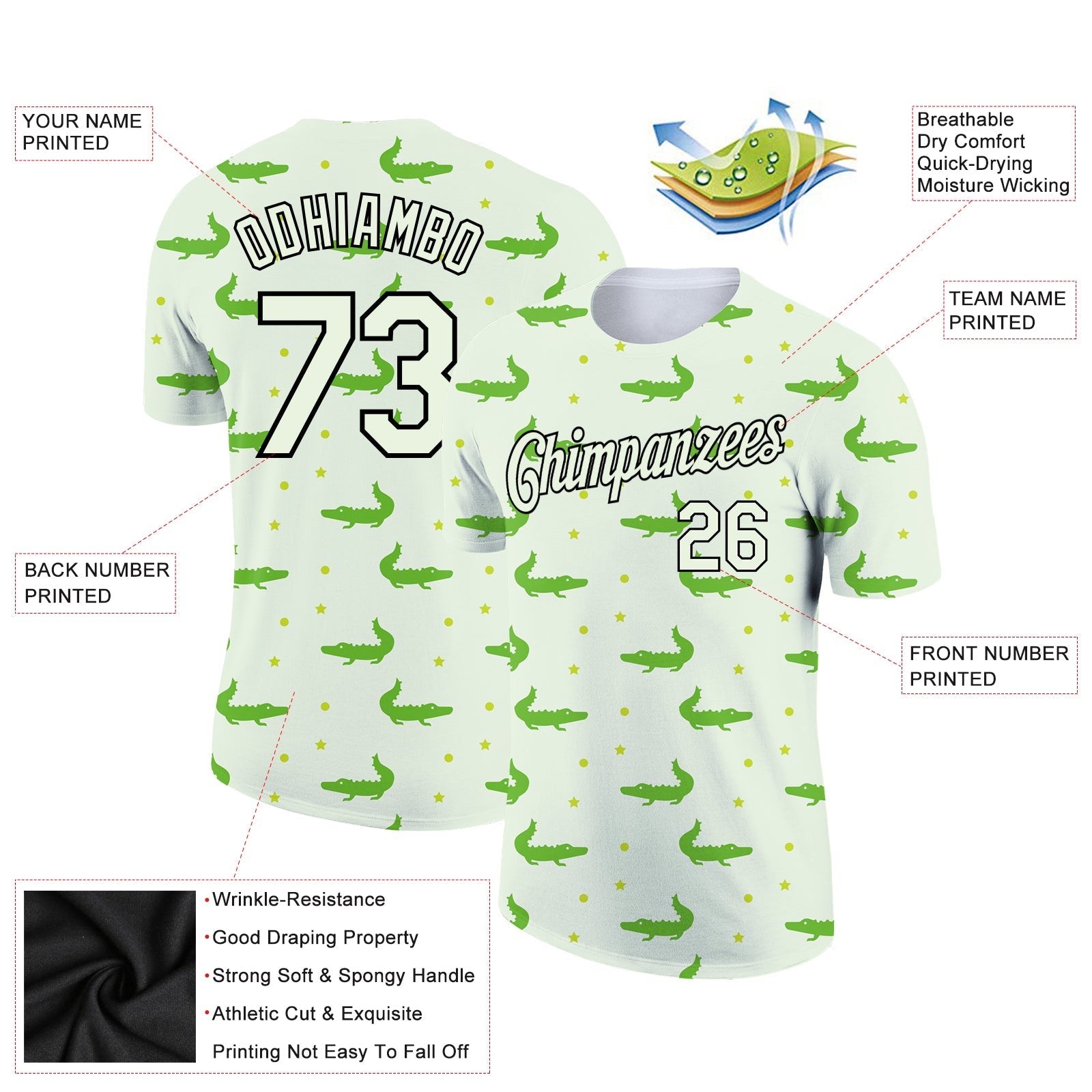 Custom Pea Green Black 3D Pattern Design Crocodile Performance T-Shirt view 2