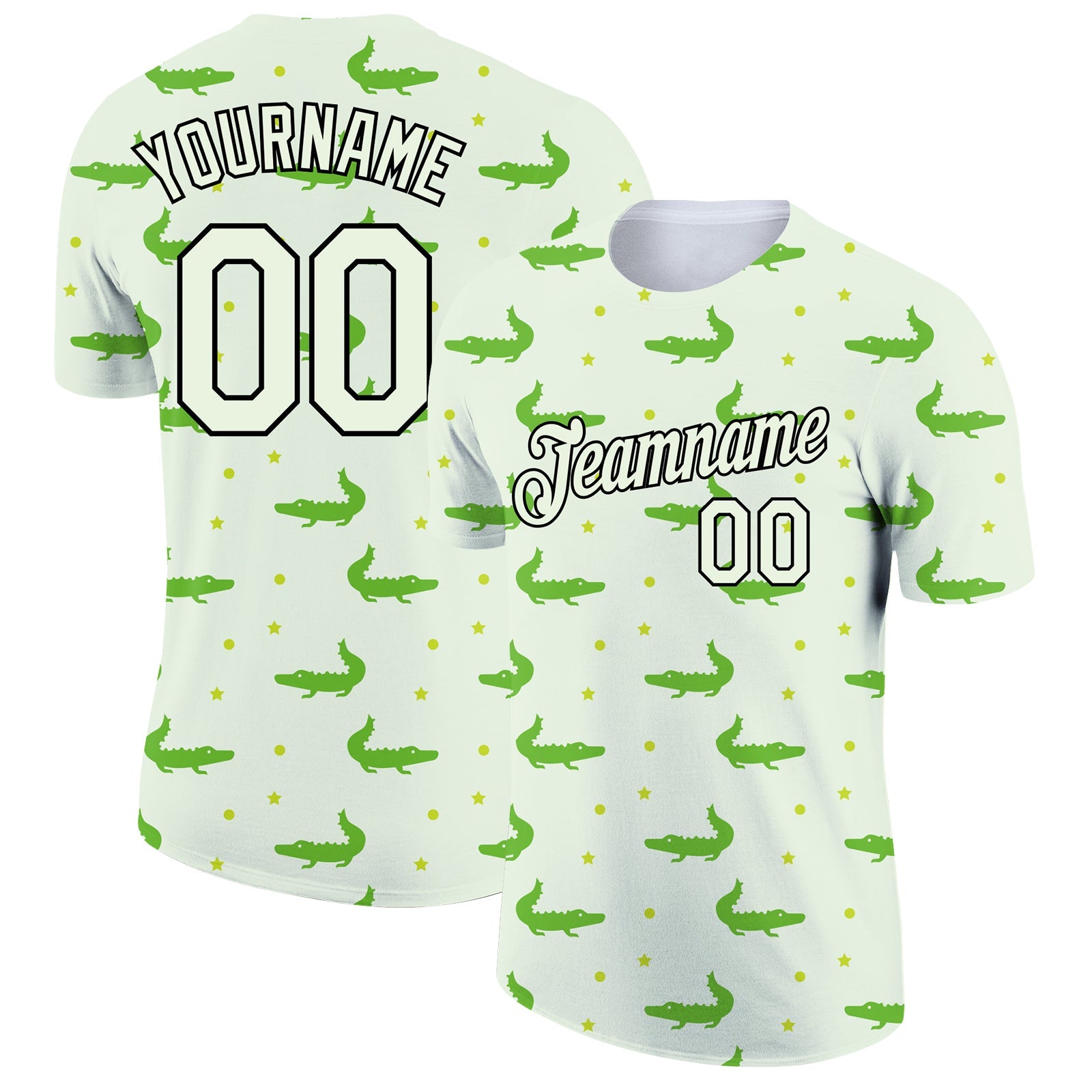Custom Pea Green Black 3D Pattern Design Crocodile Performance T-Shirt - Main View