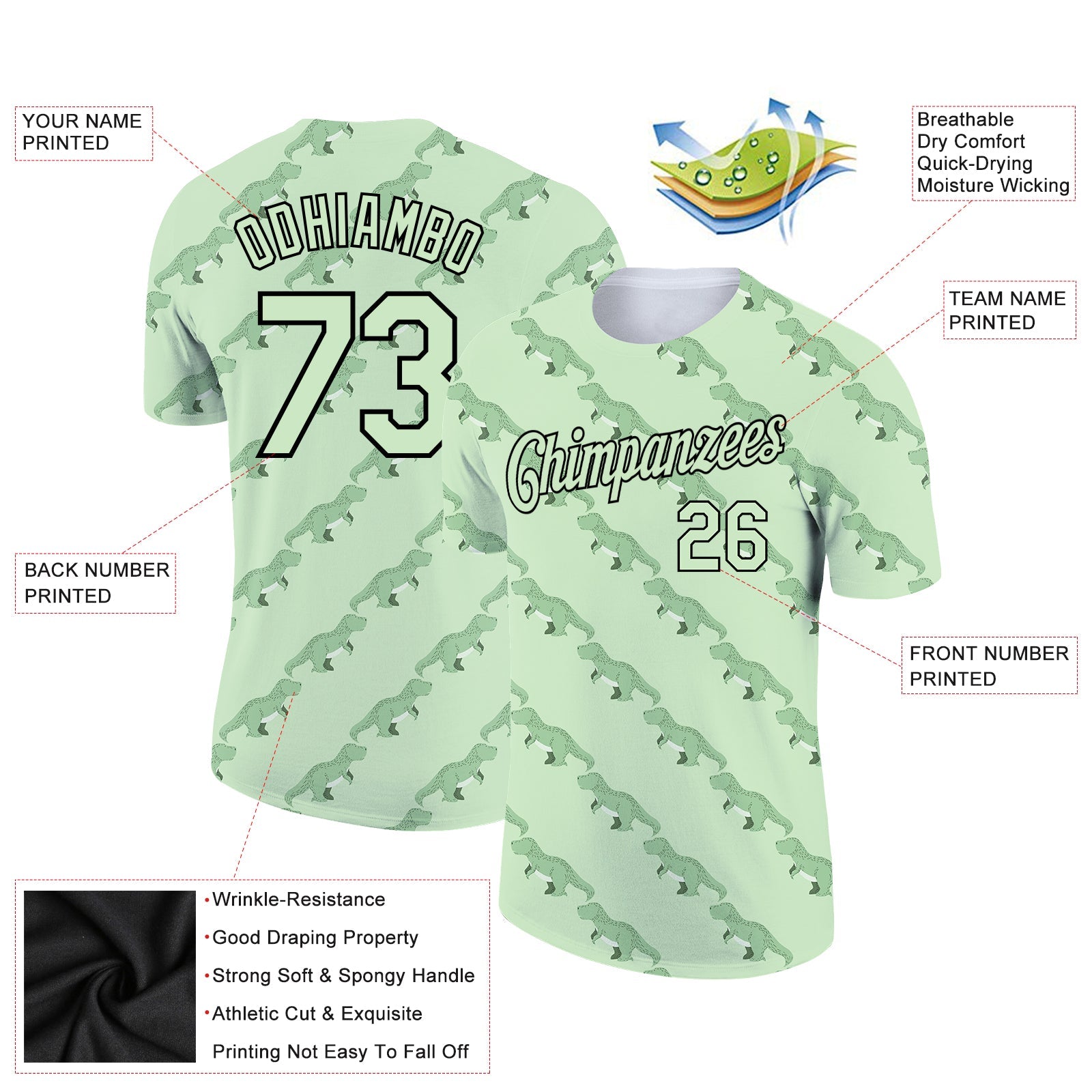 Custom Pea Green Black 3D Pattern Design Dinosaur Performance T-Shirt view 2