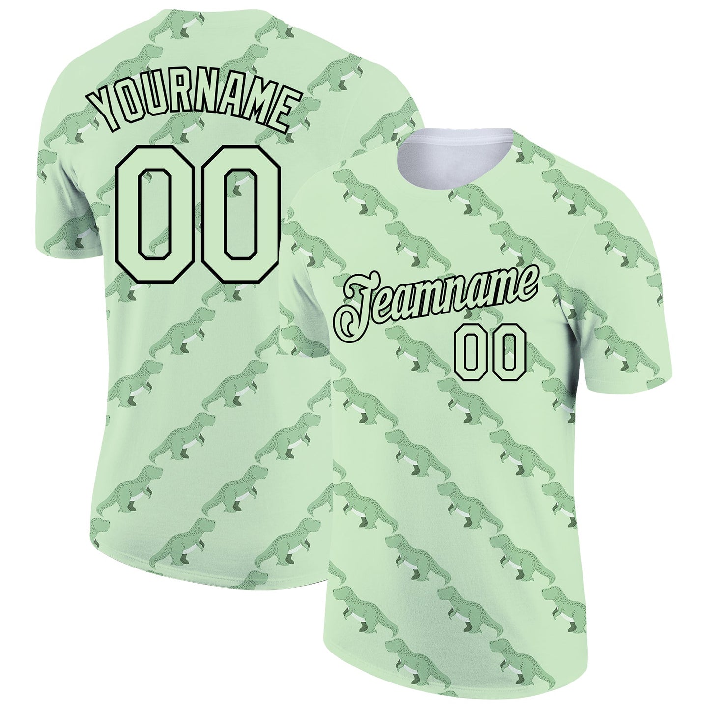 Custom Pea Green Black 3D Pattern Design Dinosaur Performance T-Shirt - Main View