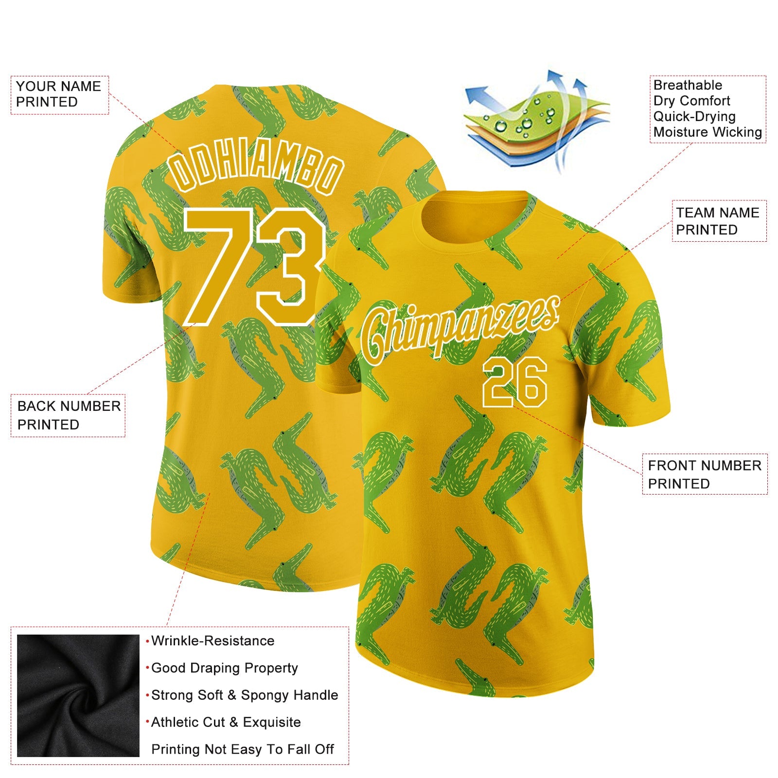 Custom Gold White 3D Pattern Design Crocodile Performance T-Shirt view 2