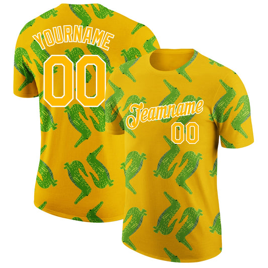 Custom Gold White 3D Pattern Design Crocodile Performance T-Shirt - Main View